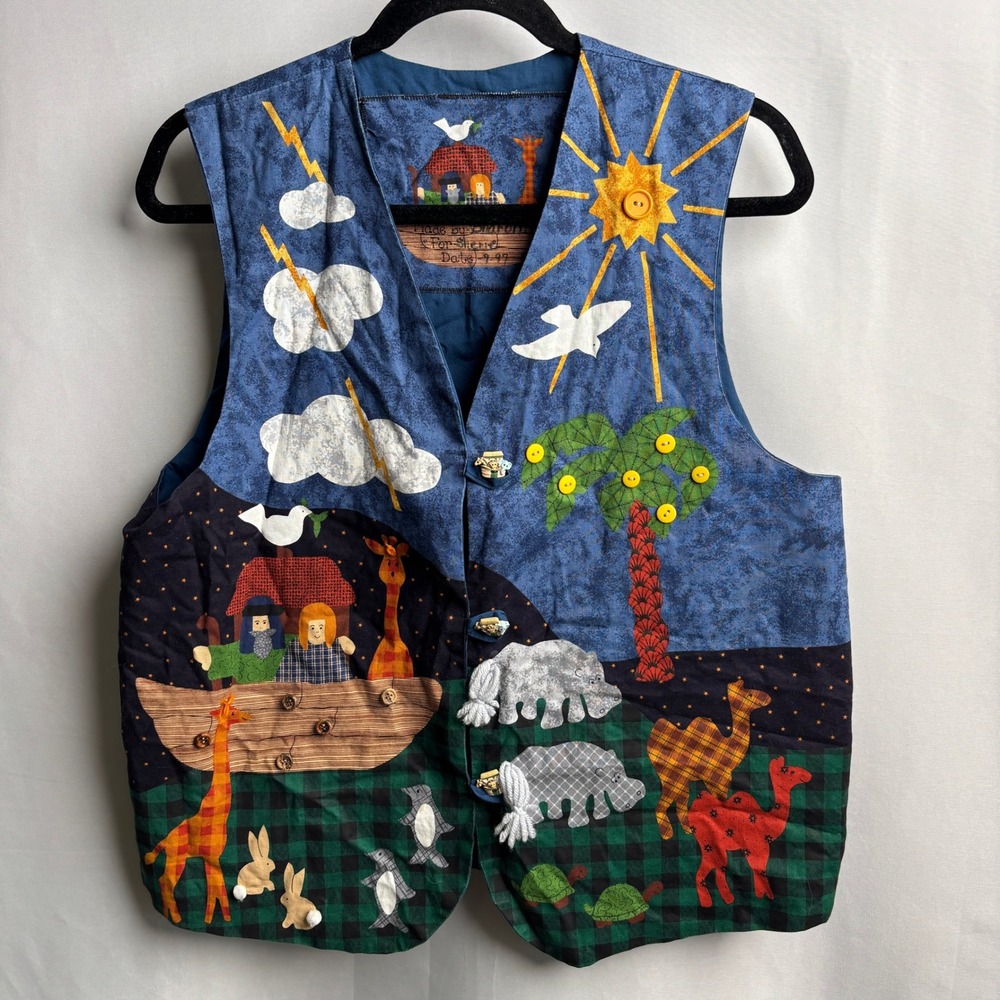 Vintage 90s Handmade Noahs Ark Animal Patchwork Vest Blue Green Grandma Core Mom